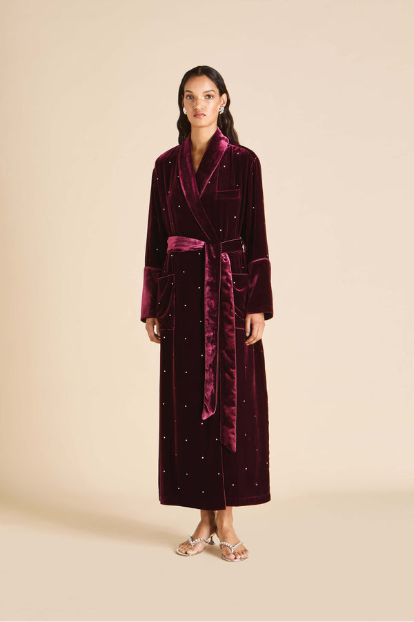 olivia von halle Capability Ritzy Red Crystal Robe in Silk Velvet Red