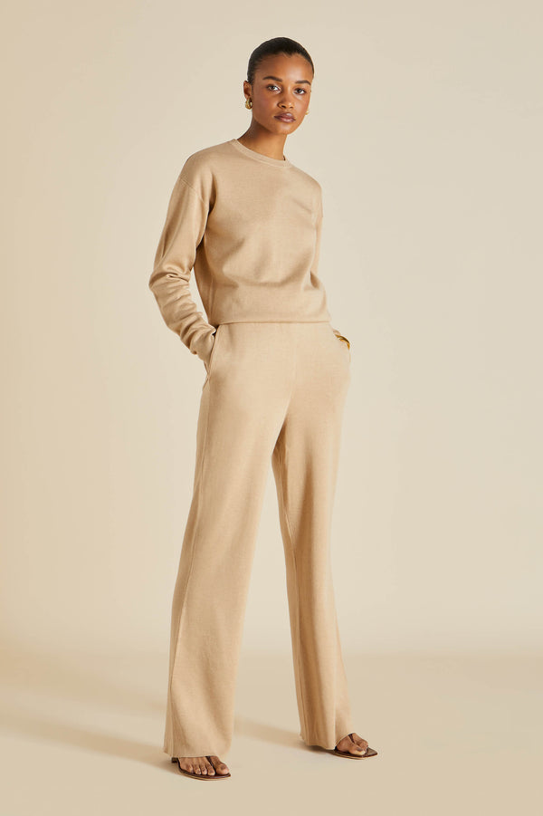 Olivia Von Halle Carmel Shanghai Beige Tracksuit In Silk-Cashmere Beige