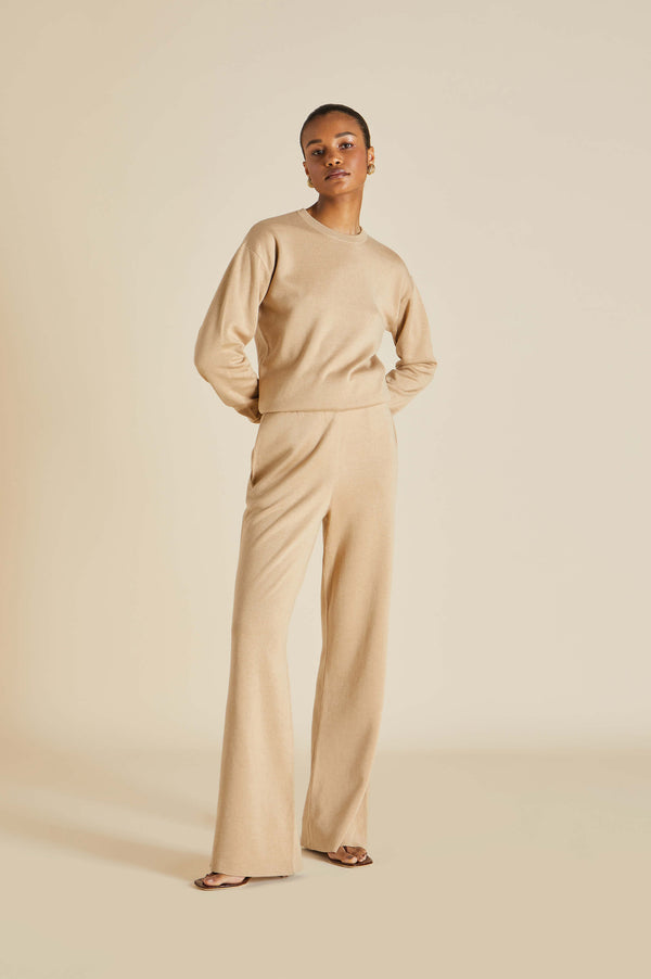olivia von halle Carmel Shanghai Beige Tracksuit in Silk-Cashmere Beige
