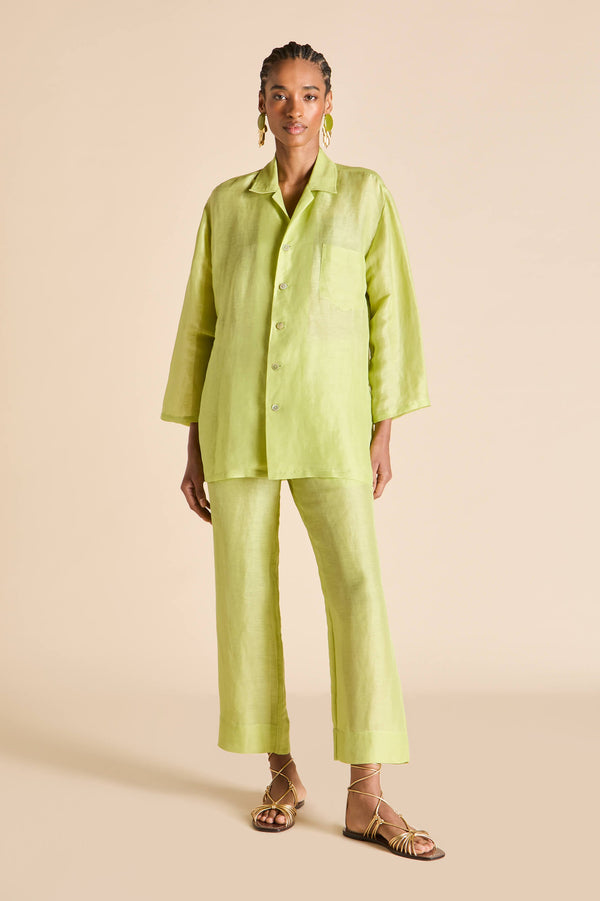 Olivia Von Halle Casablanca Celery Green Pajamas In Linen-Silk Green
