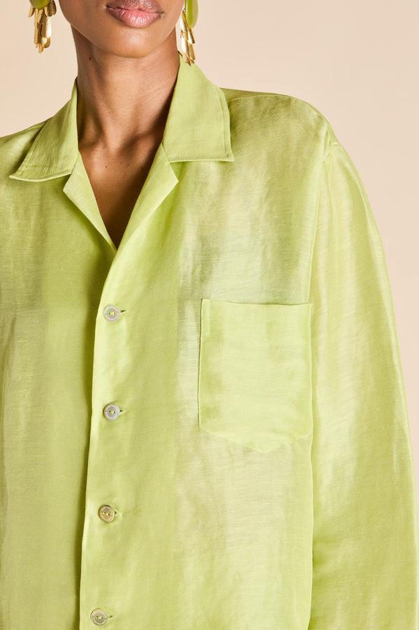 Olivia Von Halle Casablanca Celery Green Pajamas In Linen-Silk Green