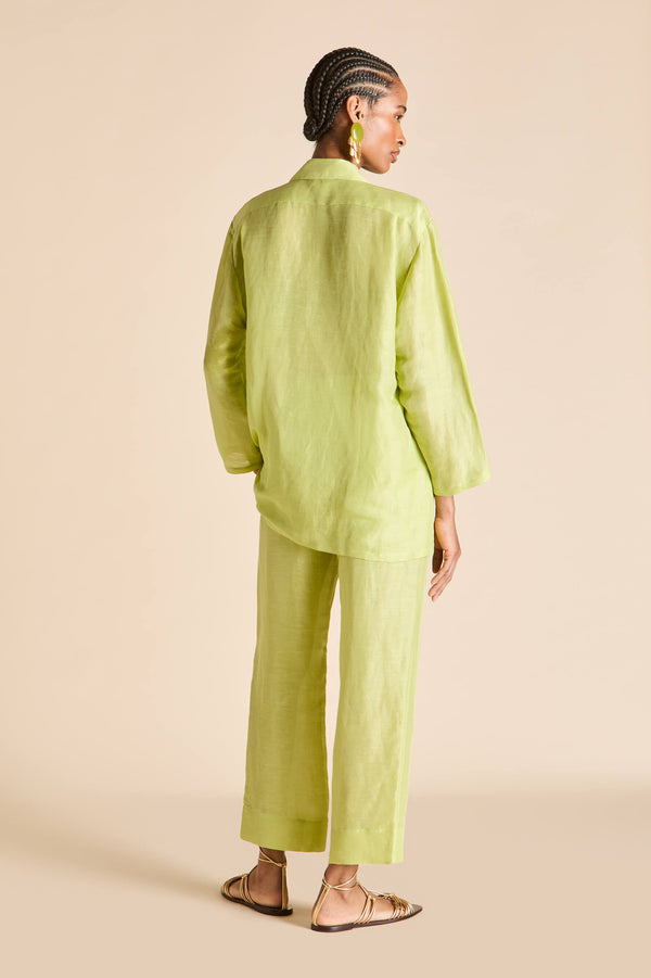 Olivia Von Halle Casablanca Celery Green Pajamas In Linen-Silk Green