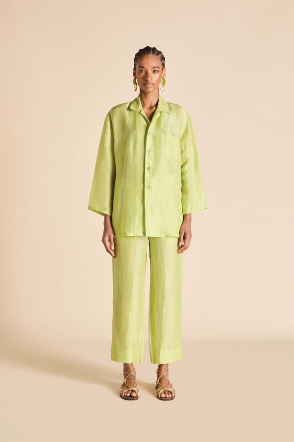 olivia von halle Casablanca Celery Green Pajamas in Linen-Silk Green