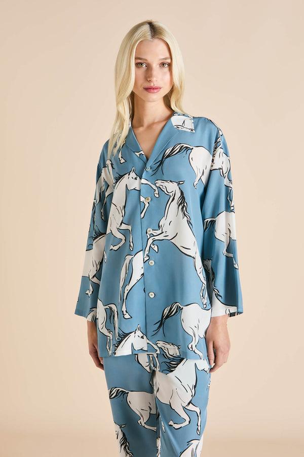 Olivia Von Halle Casablanca Cordelia Blue Horse Pajamas In Silk Crêpe De Chine Blue