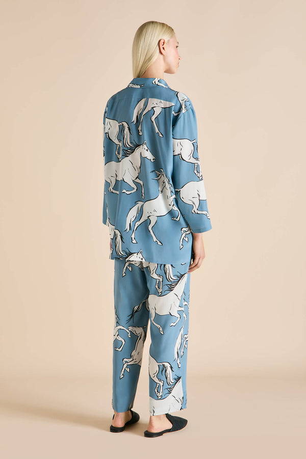 Olivia Von Halle Casablanca Cordelia Blue Horse Pajamas In Silk Crêpe De Chine Blue