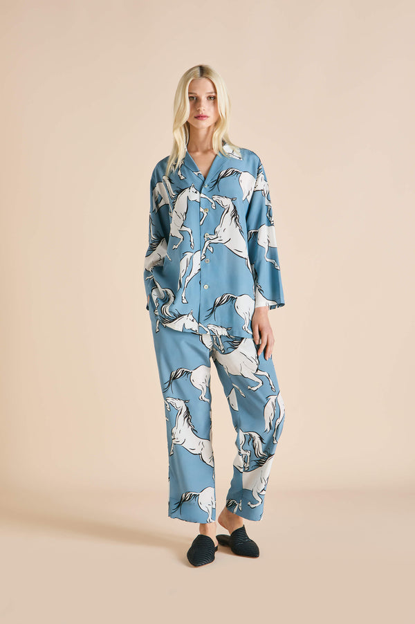 olivia von halle Casablanca Cordelia Blue Horse Pajamas in Silk Crêpe de Chine Blue