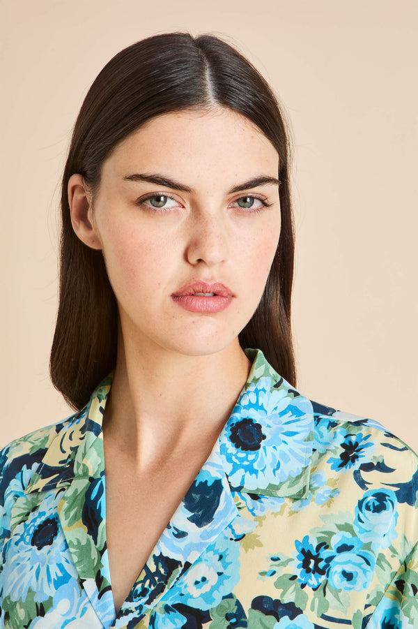 Olivia Von Halle Casablanca Jardin Blue Floral Pajamas In Silk Crêpe De Chine Blue
