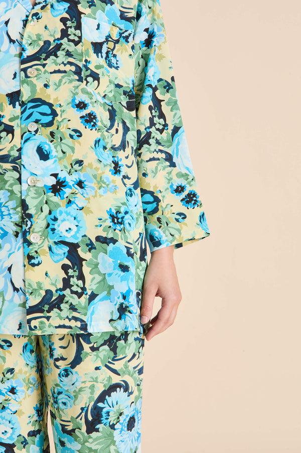 Olivia Von Halle Casablanca Jardin Blue Floral Pajamas In Silk Crêpe De Chine Blue