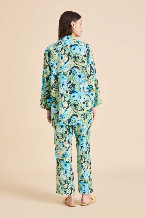 Olivia Von Halle Casablanca Jardin Blue Floral Pajamas In Silk Crêpe De Chine Blue