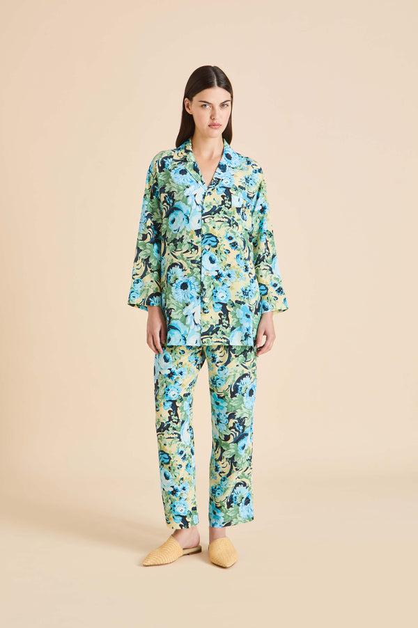 olivia von halle Casablanca Jardin Blue Floral Pajamas in Silk Crêpe de Chine Blue