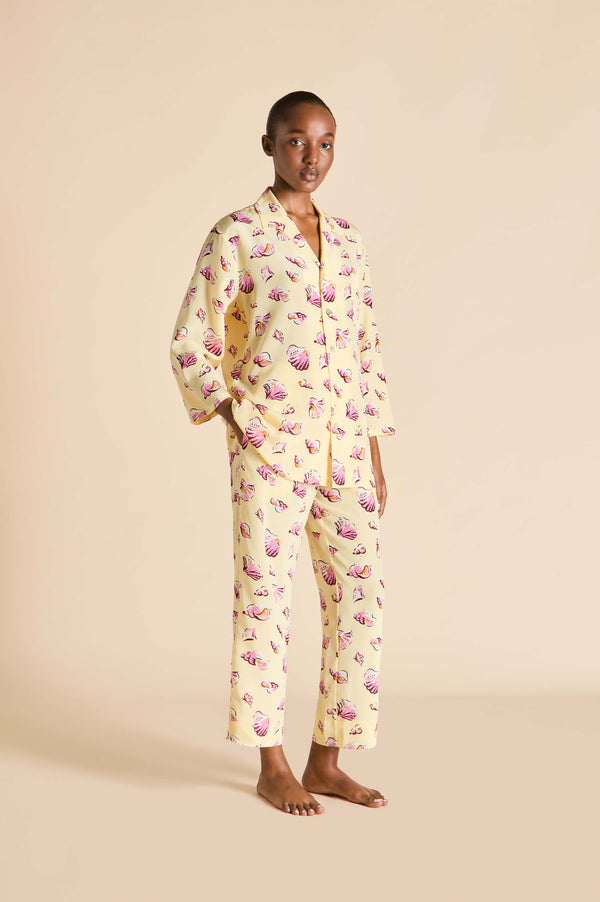 olivia von halle Casablanca Junonia Yellow Seashell Pajamas in Silk Crêpe de Chine Yellow