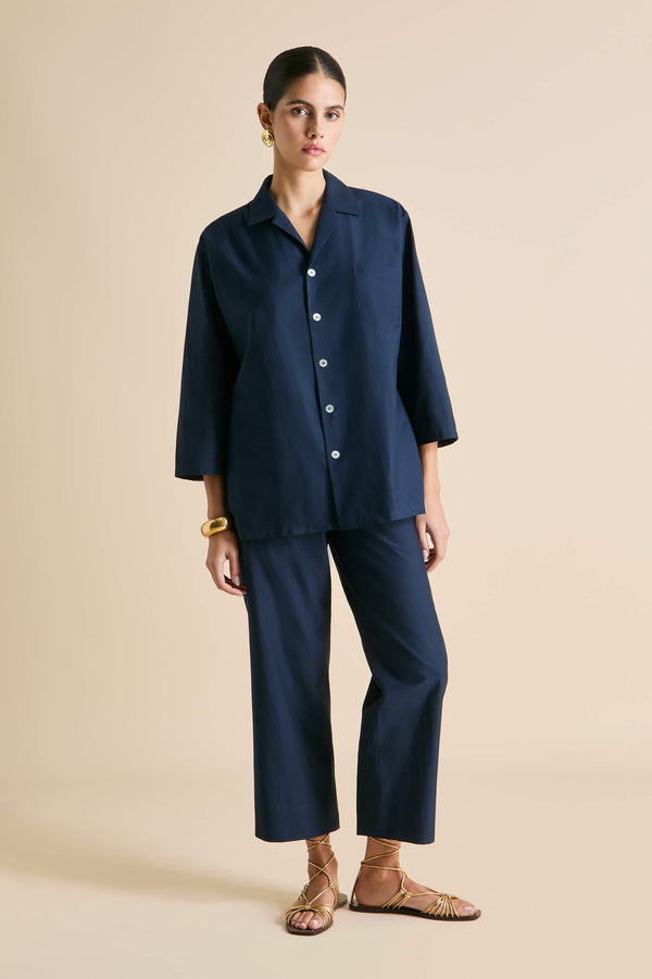 Olivia Von Halle Casablanca Navy Pajamas In Cotton-Silk Navy