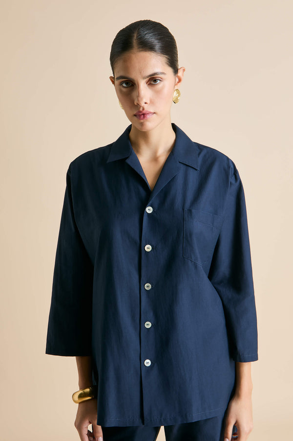 Olivia Von Halle Casablanca Navy Pajamas In Cotton-Silk Navy