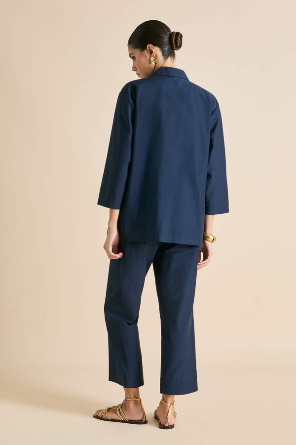 Olivia Von Halle Casablanca Navy Pajamas In Cotton-Silk Navy