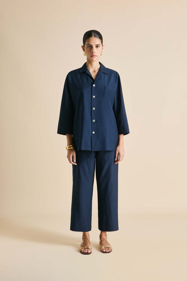 olivia von halle Casablanca Navy Pajamas in Cotton-Silk Navy