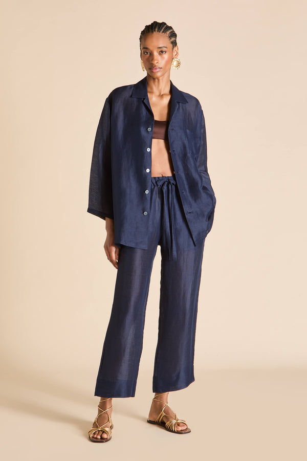 Olivia Von Halle Casablanca Navy Pajamas In Linen-Silk Navy