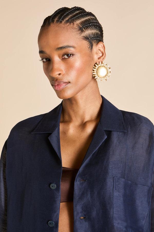 Olivia Von Halle Casablanca Navy Pajamas In Linen-Silk Navy