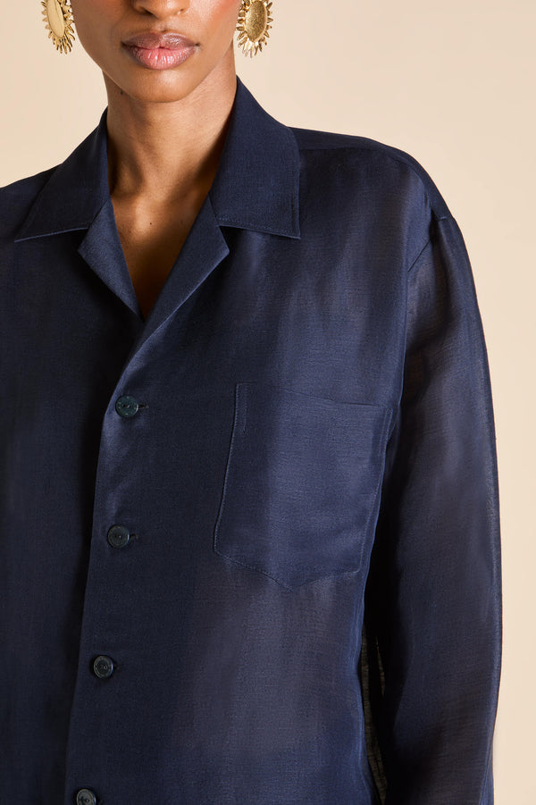 Olivia Von Halle Casablanca Navy Pajamas In Linen-Silk Navy