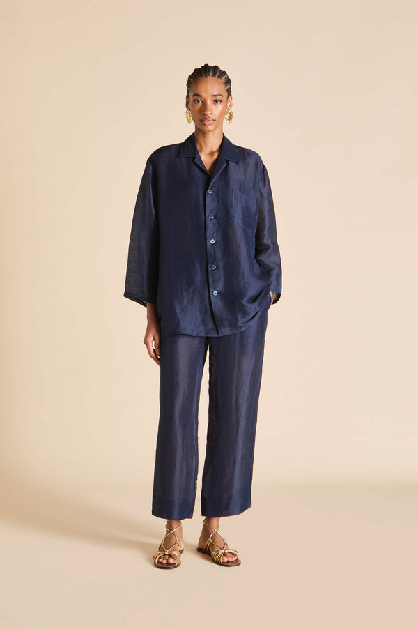 olivia von halle Casablanca Navy Pajamas in Linen-Silk Navy olivia von halle Casablanca Navy Pajamas in Linen-Silk Navy