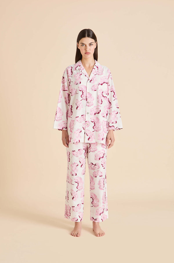 olivia von halle Casablanca Plume Pink Feather Pajamas in Cotton-Silk Pink