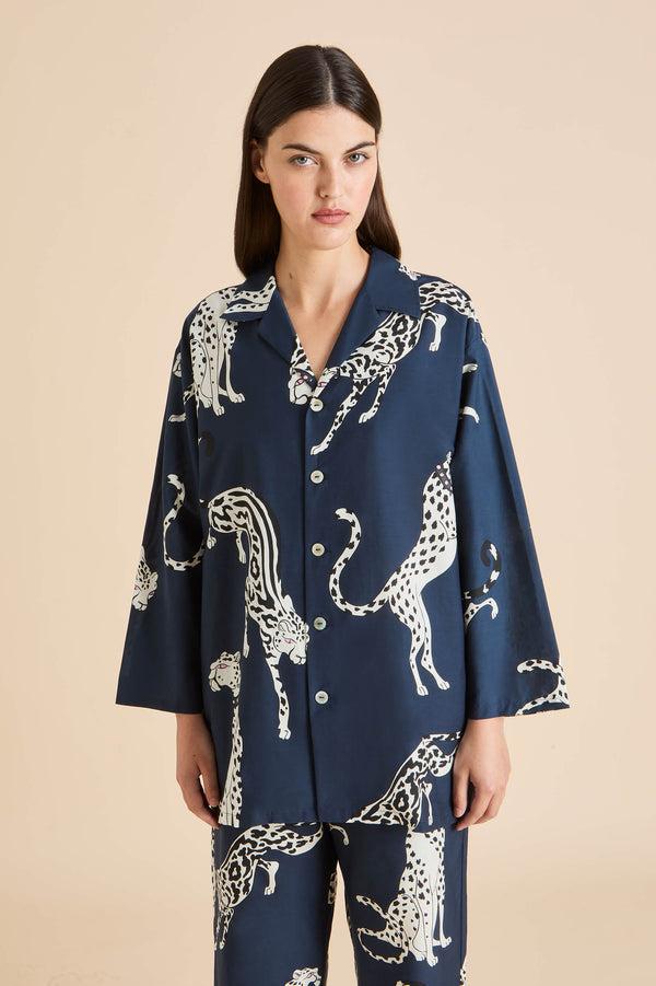 Olivia Von Halle Casablanca Ziegfeld Blue Leopard Pajamas In Cotton-Silk Blue