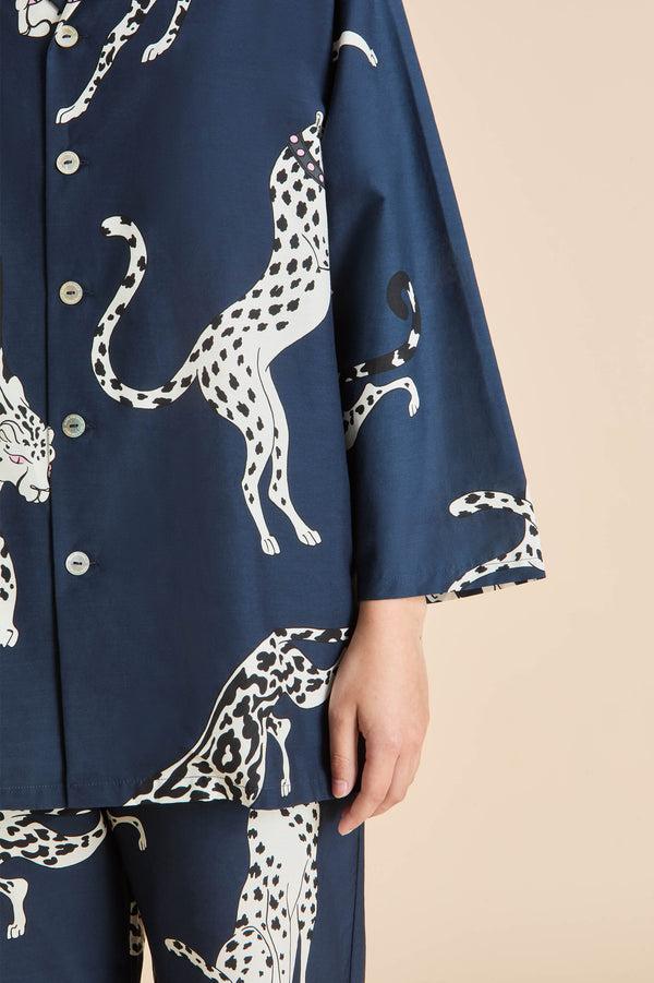 Olivia Von Halle Casablanca Ziegfeld Blue Leopard Pajamas In Cotton-Silk Blue