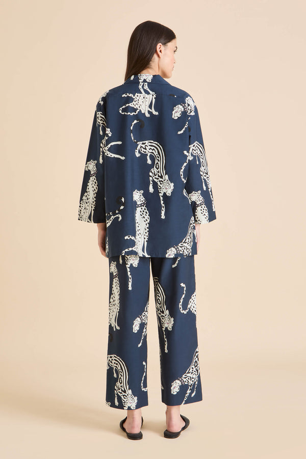 Olivia Von Halle Casablanca Ziegfeld Blue Leopard Pajamas In Cotton-Silk Blue