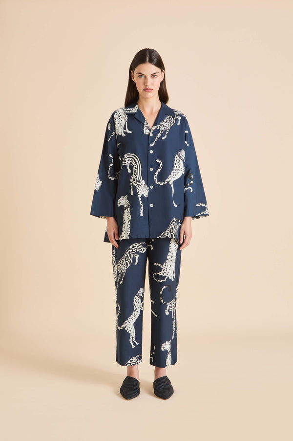 olivia von halle Casablanca Ziegfeld Blue Leopard Pajamas in Cotton-Silk Blue