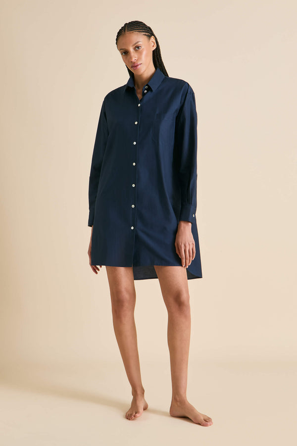 Olivia Von Halle Celeste Navy Nightshirt In Cotton-Silk Navy