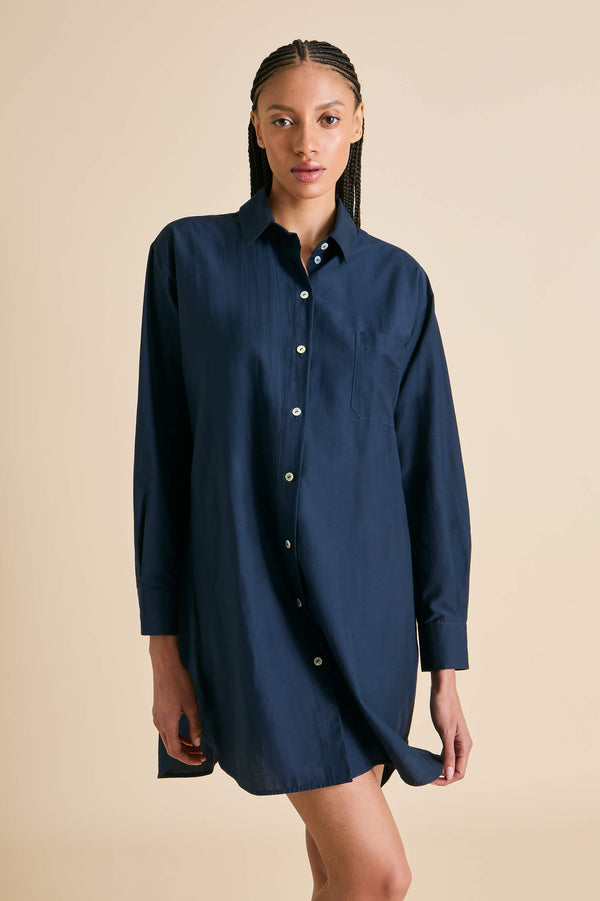 Olivia Von Halle Celeste Navy Nightshirt In Cotton-Silk Navy