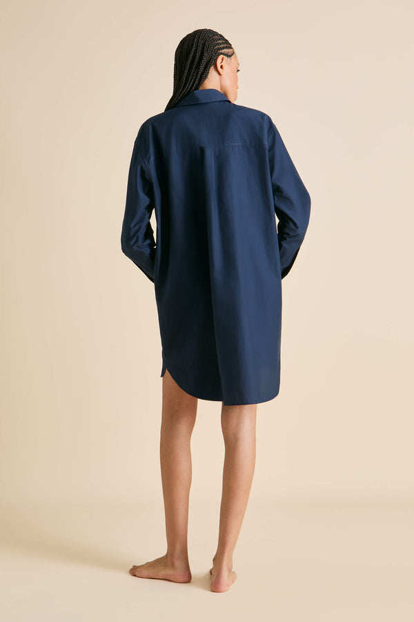 Olivia Von Halle Celeste Navy Nightshirt In Cotton-Silk Navy
