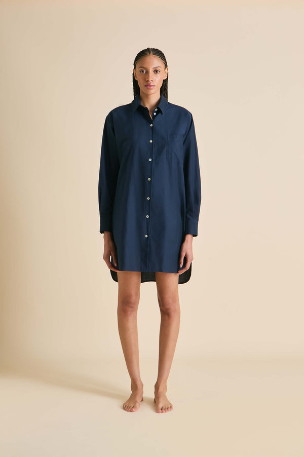 olivia von halle Celeste Navy Nightshirt in Cotton-Silk Navy