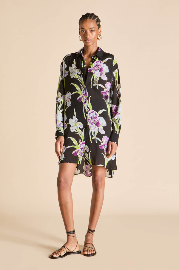 Olivia Von Halle Celeste Seaholly Black Floral Nightshirt In Silk-Chiffon Black