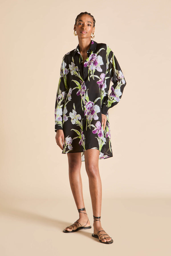 Olivia Von Halle Celeste Seaholly Black Floral Nightshirt In Silk-Chiffon Black