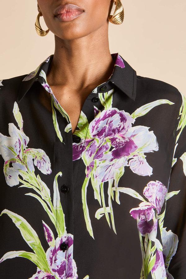 Olivia Von Halle Celeste Seaholly Black Floral Nightshirt In Silk-Chiffon Black