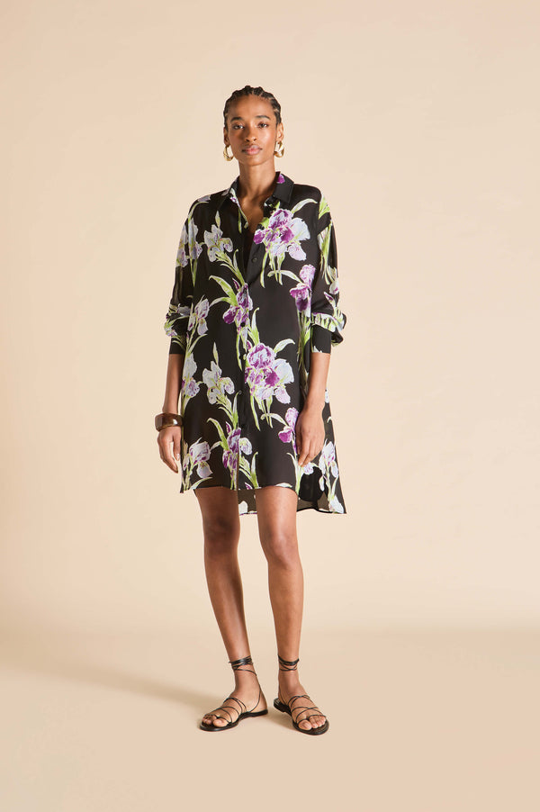 olivia von halle Celeste Seaholly Black Floral Nightshirt in Silk-Chiffon Black
