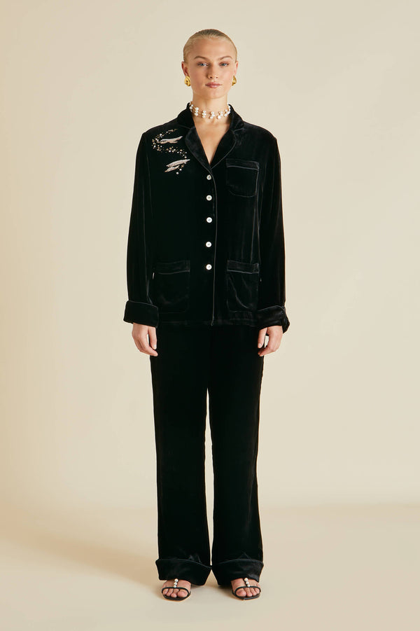 Olivia Von Halle Coco Arcadia Black Embellished Pajamas In Silk Velvet