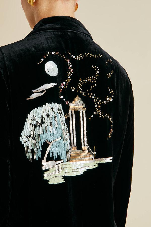 Olivia Von Halle Coco Arcadia Black Embellished Pajamas In Silk Velvet