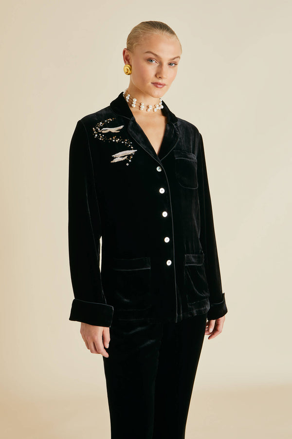 olivia von halle Coco Arcadia Black Embellished Pajamas in Silk Velvet