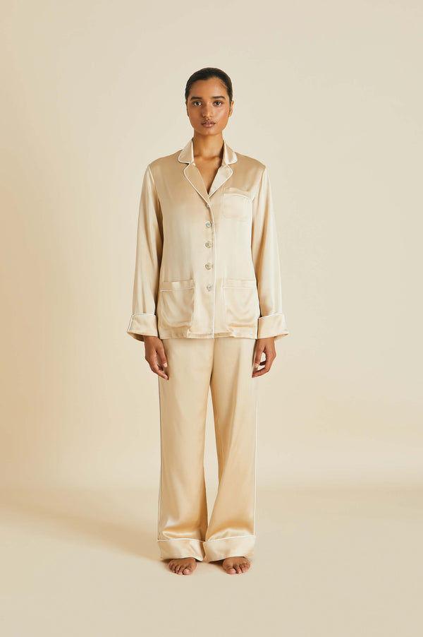 olivia von halle Coco Caramel Pajamas in Silk Satin Caramel