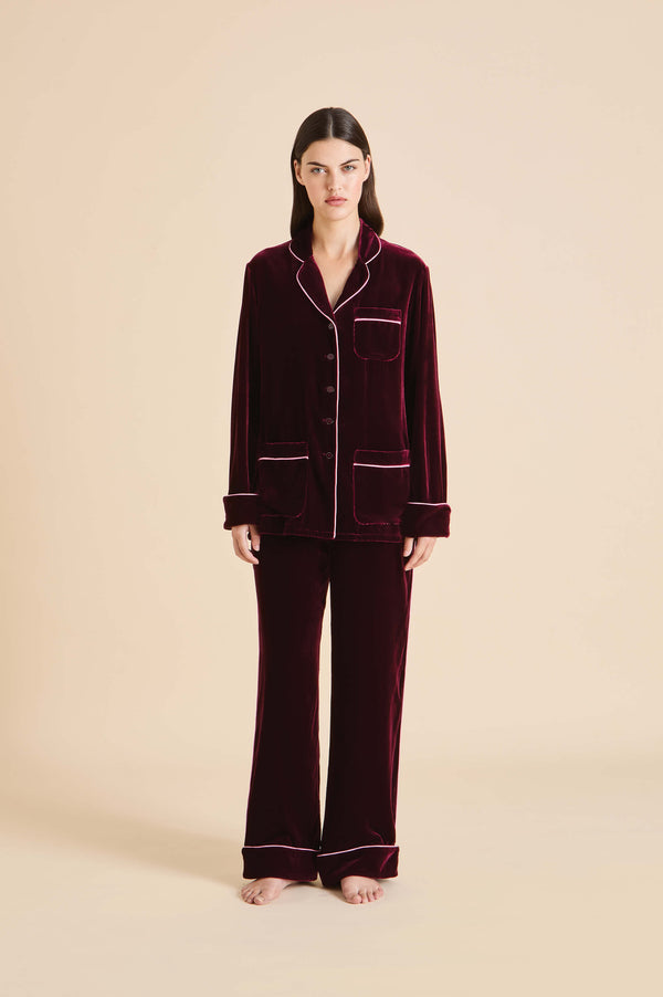 olivia von halle Coco Claret Red Pajamas in Silk Velvet Claret