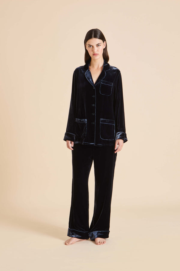 olivia von halle Coco Eclipse Navy Pajamas in Silk Velvet Navy