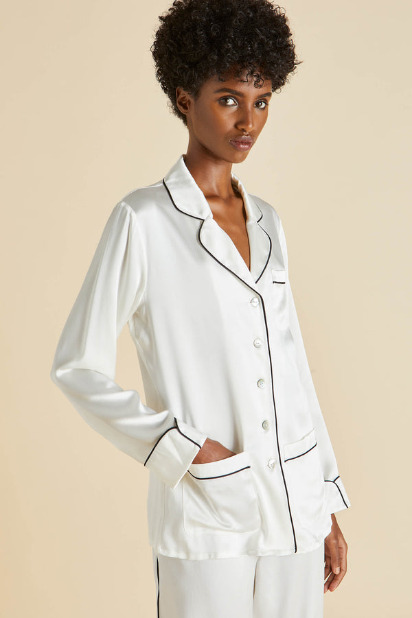 Olivia Von Halle Coco Ivory Jet Black Pajamas In Silk Satin Ivory