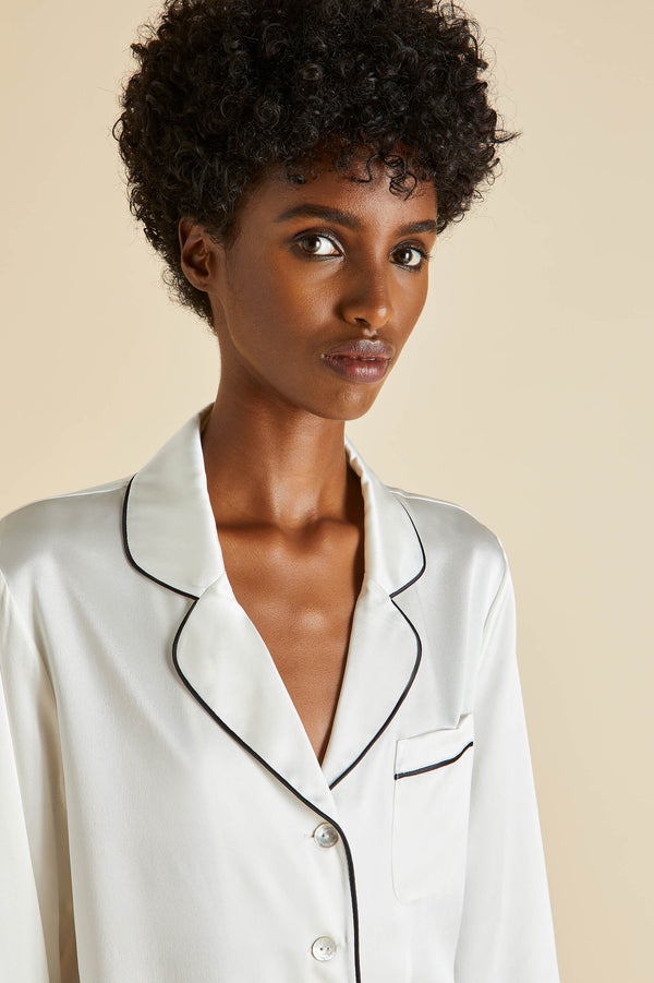 Olivia Von Halle Coco Ivory Jet Black Pajamas In Silk Satin Ivory