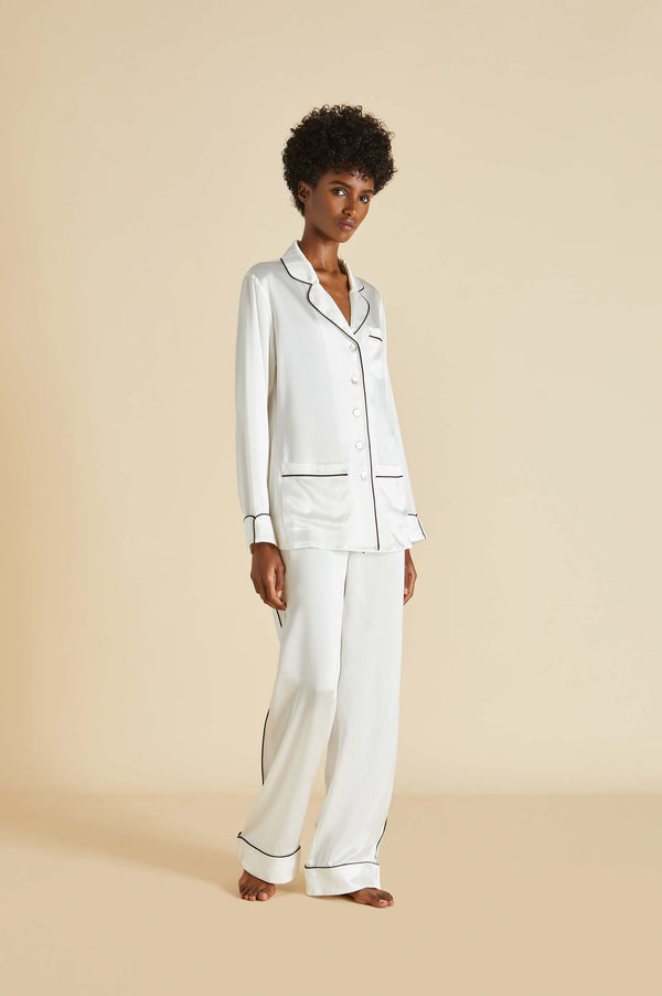 olivia von halle Coco Ivory Jet Black Pajamas in Silk Satin Ivory
