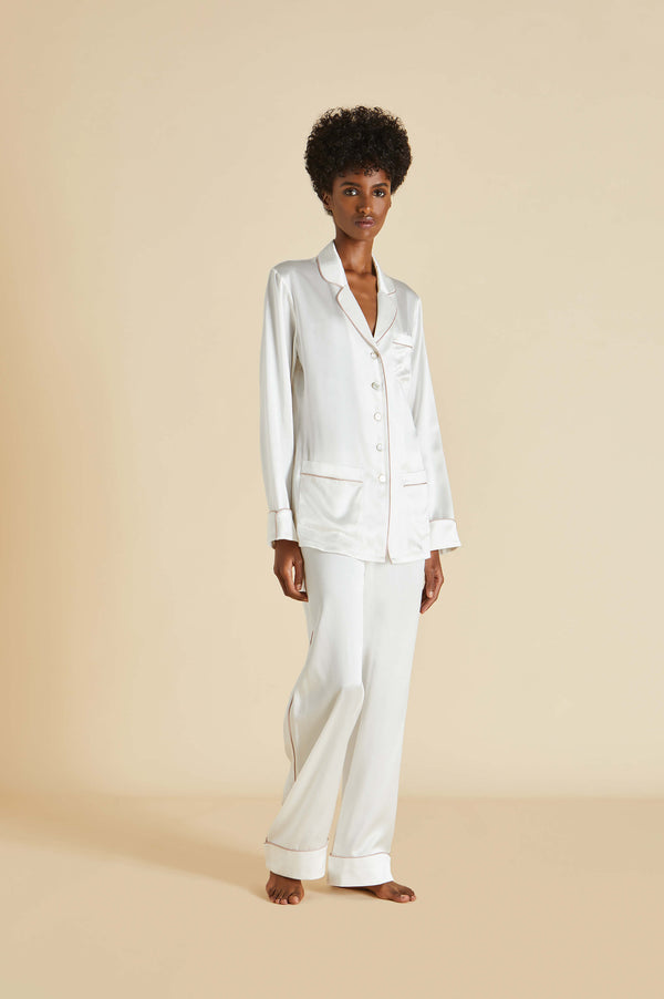 olivia von halle Coco Ivory Oyster Pajamas in Silk Satin Ivory