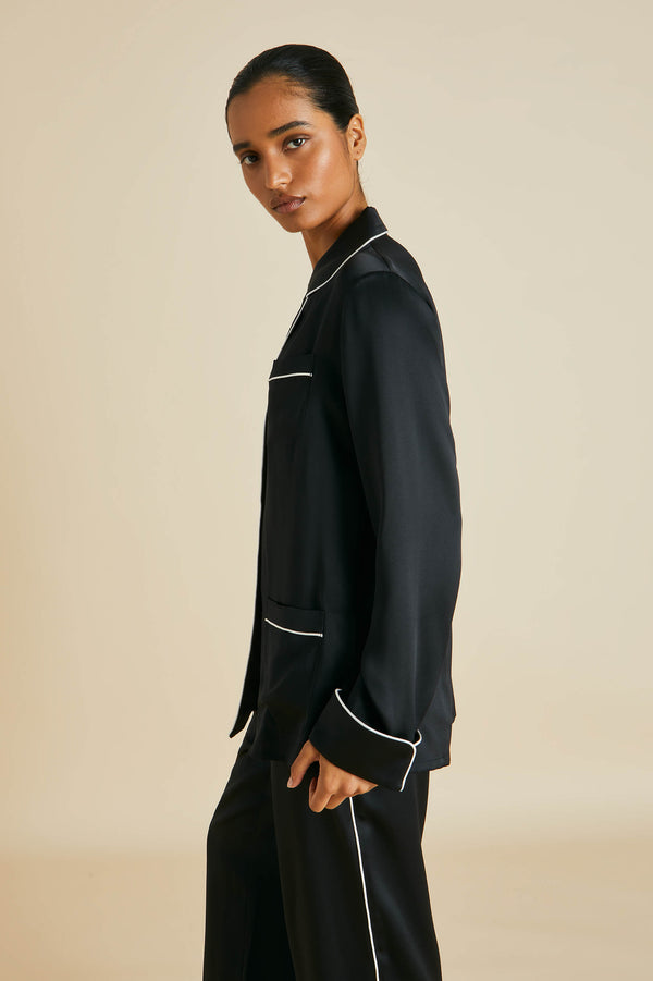 Olivia Von Halle Coco Jet Black Pajamas In Silk Satin Black
