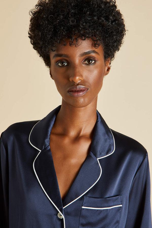 Olivia Von Halle Coco Navy Pajamas In Silk Satin Navy