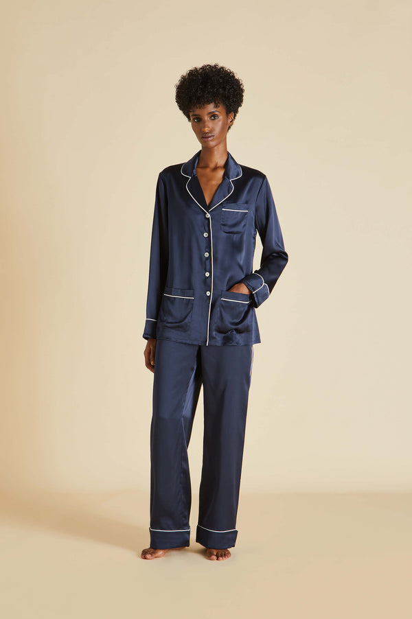 olivia von halle Coco Navy Pajamas in Silk Satin Navy