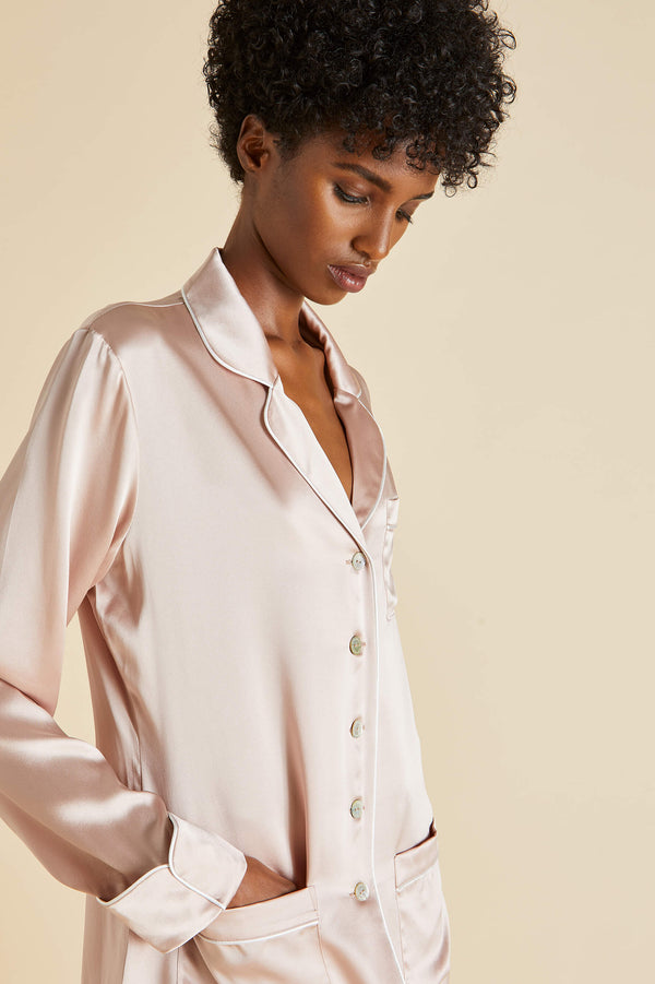 Olivia Von Halle Coco Oyster Ivory Pajamas In Silk Satin Oyster